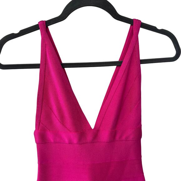 Hervé Léger Fuchsia Bandage Dress XS Deep V Bodycon Mini Clubwear Cocktail - Picture 3 of 14